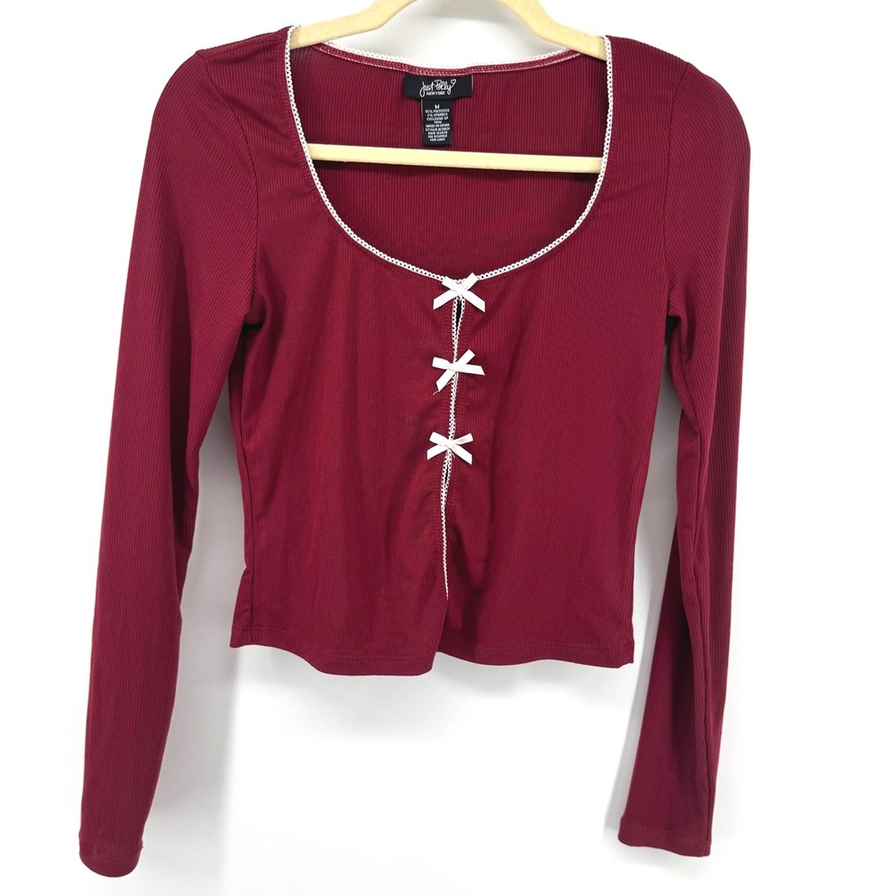 Just Polly Ribbed Long Sleeve Top Womens M Burgundy Bow Lace Coquette Ballet Bow